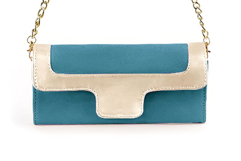 Women's peacock blue and gold luxurious elegant clutch for ceremonies, weddings and evenings out. - Profile view